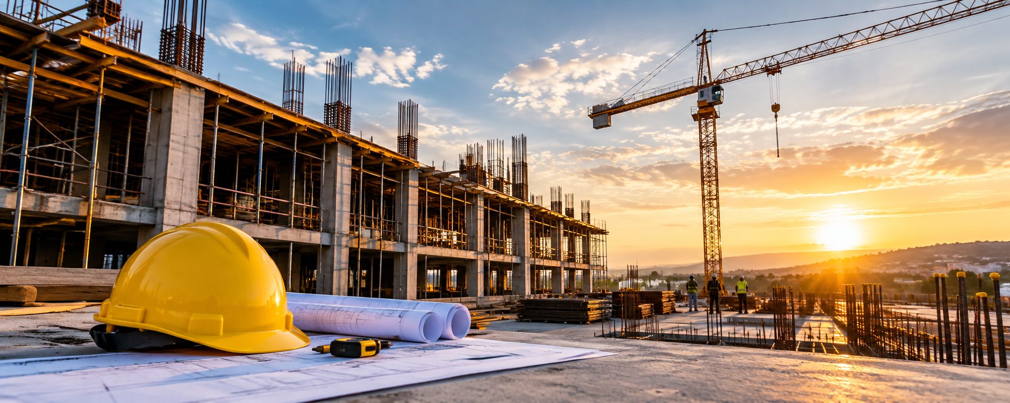 Construction site at sunset with blueprints and hard hat
